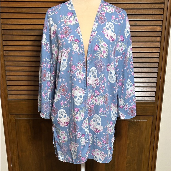 Floral Sugar Skull Print Blue & Pink Kimono Cardigan Size S - Picture 1 of 8